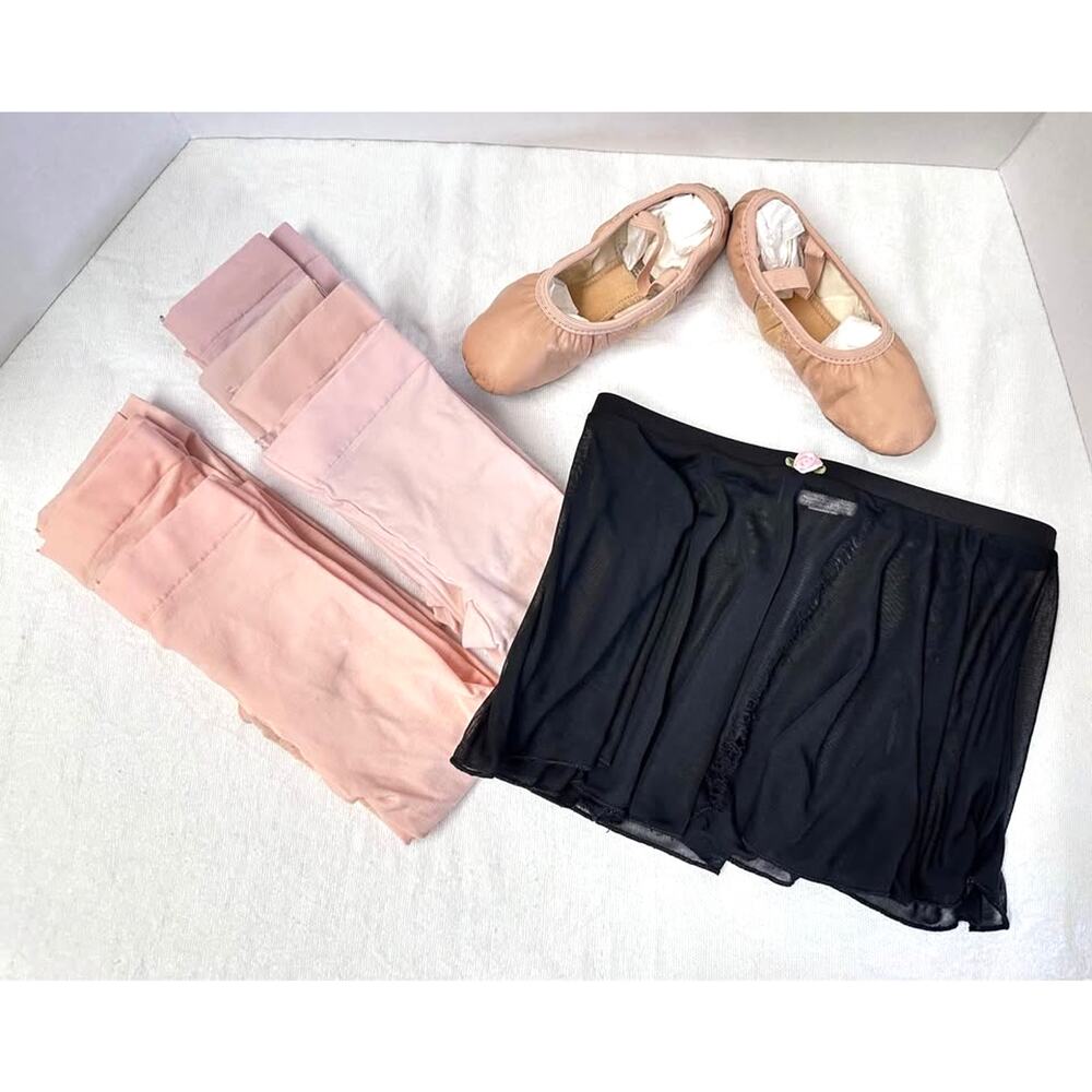 Ballet Dance Lot: Ballet Shoes Sz 1.0AD M + 5 Pink Tights Sz 2-6 + Skirt Sz 6-6x